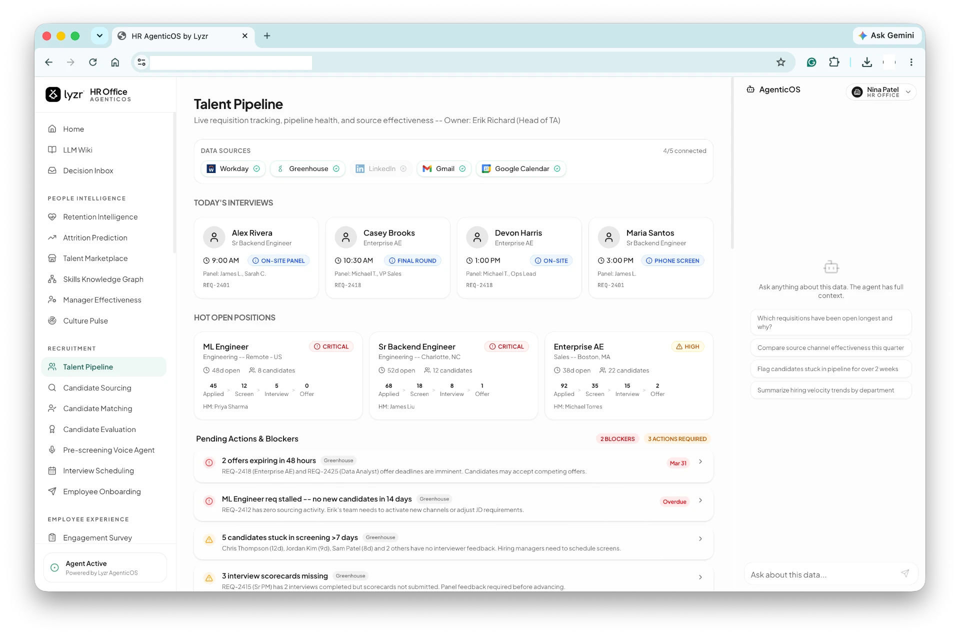 Talent Pipeline module screen in Lyzr's HR Agentic OS