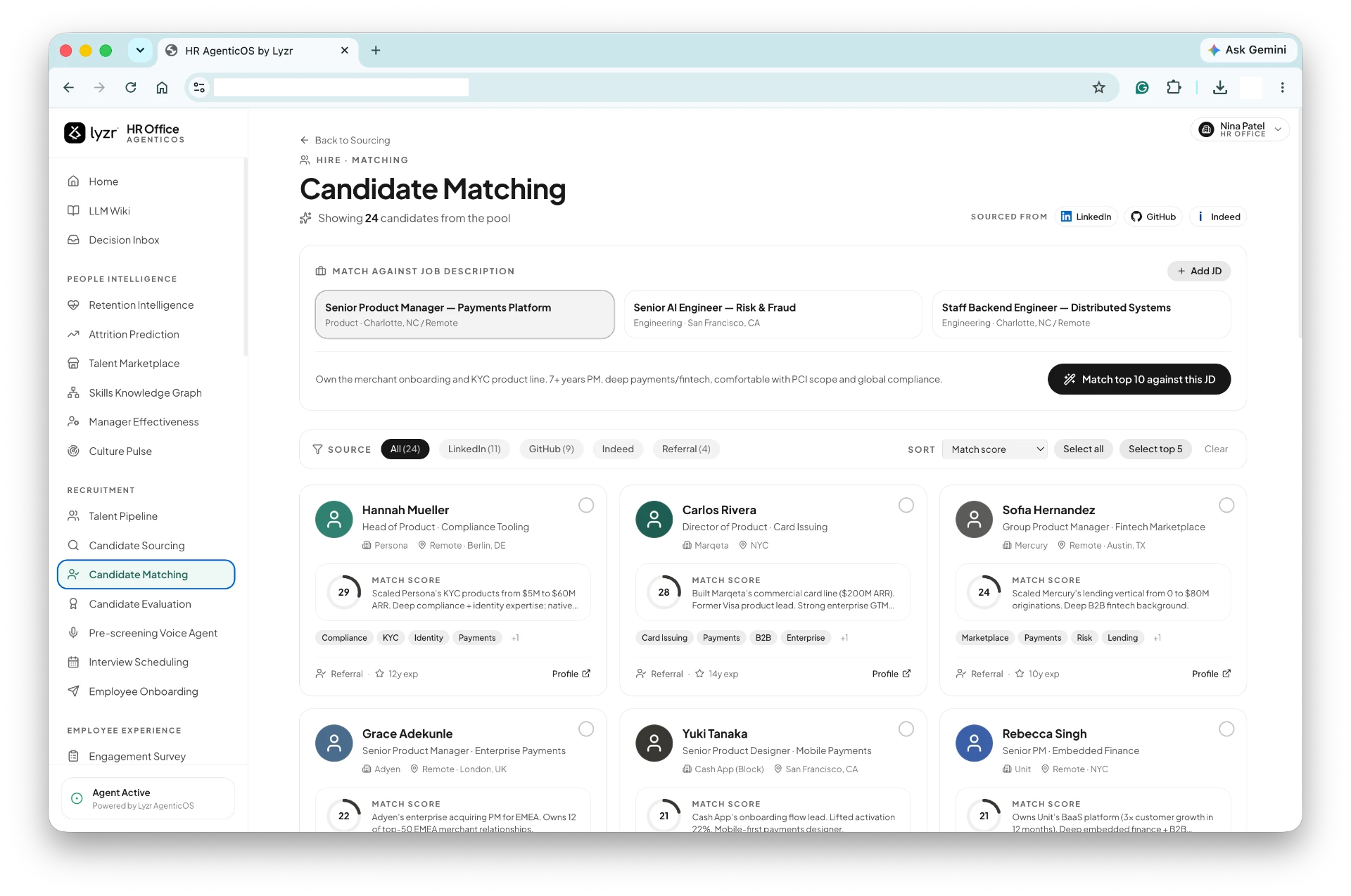 Candidate Matching module screen in Lyzr's HR Agentic OS