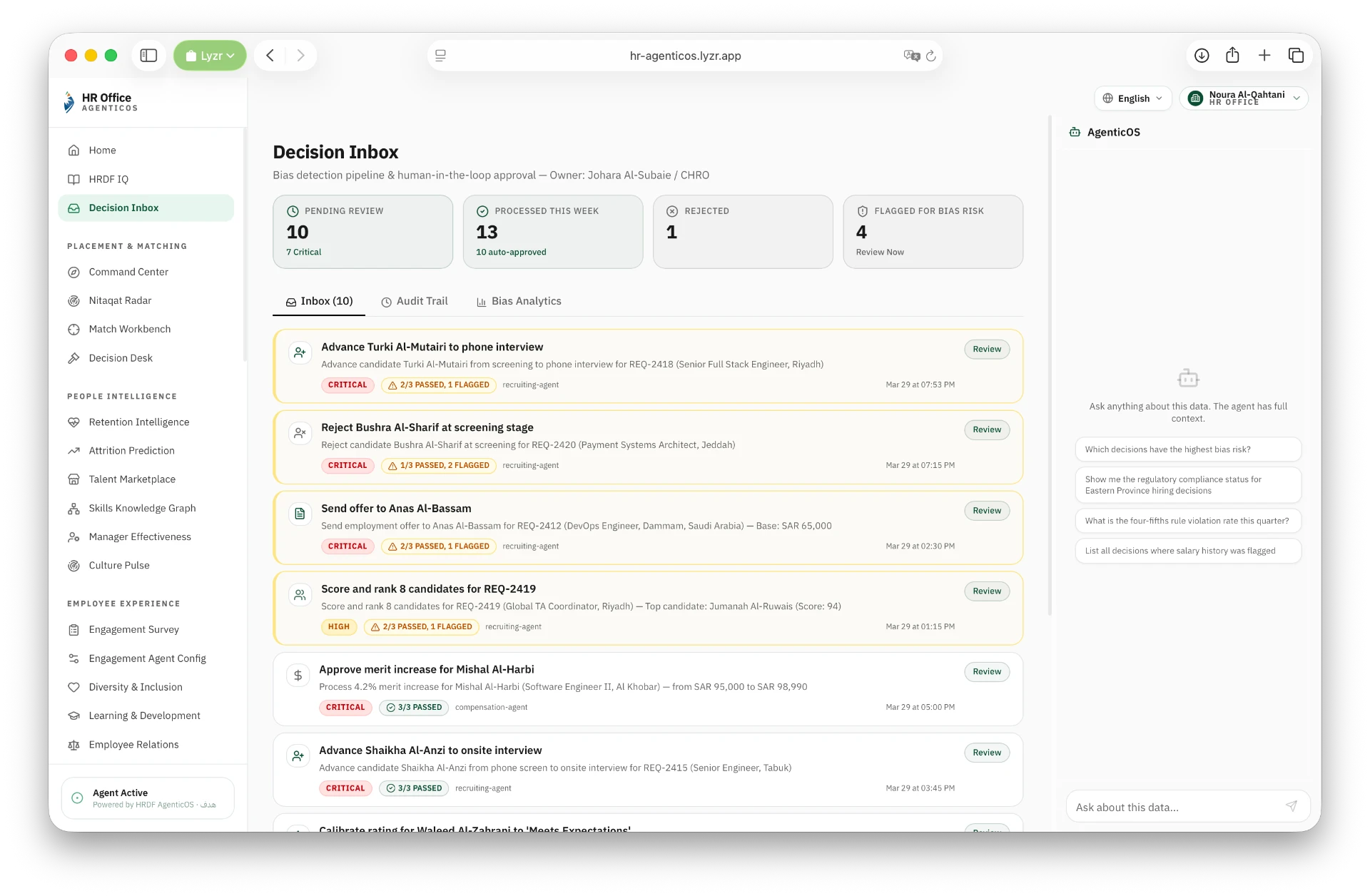 Decision Inbox module screen in Lyzr's HR Agentic OS