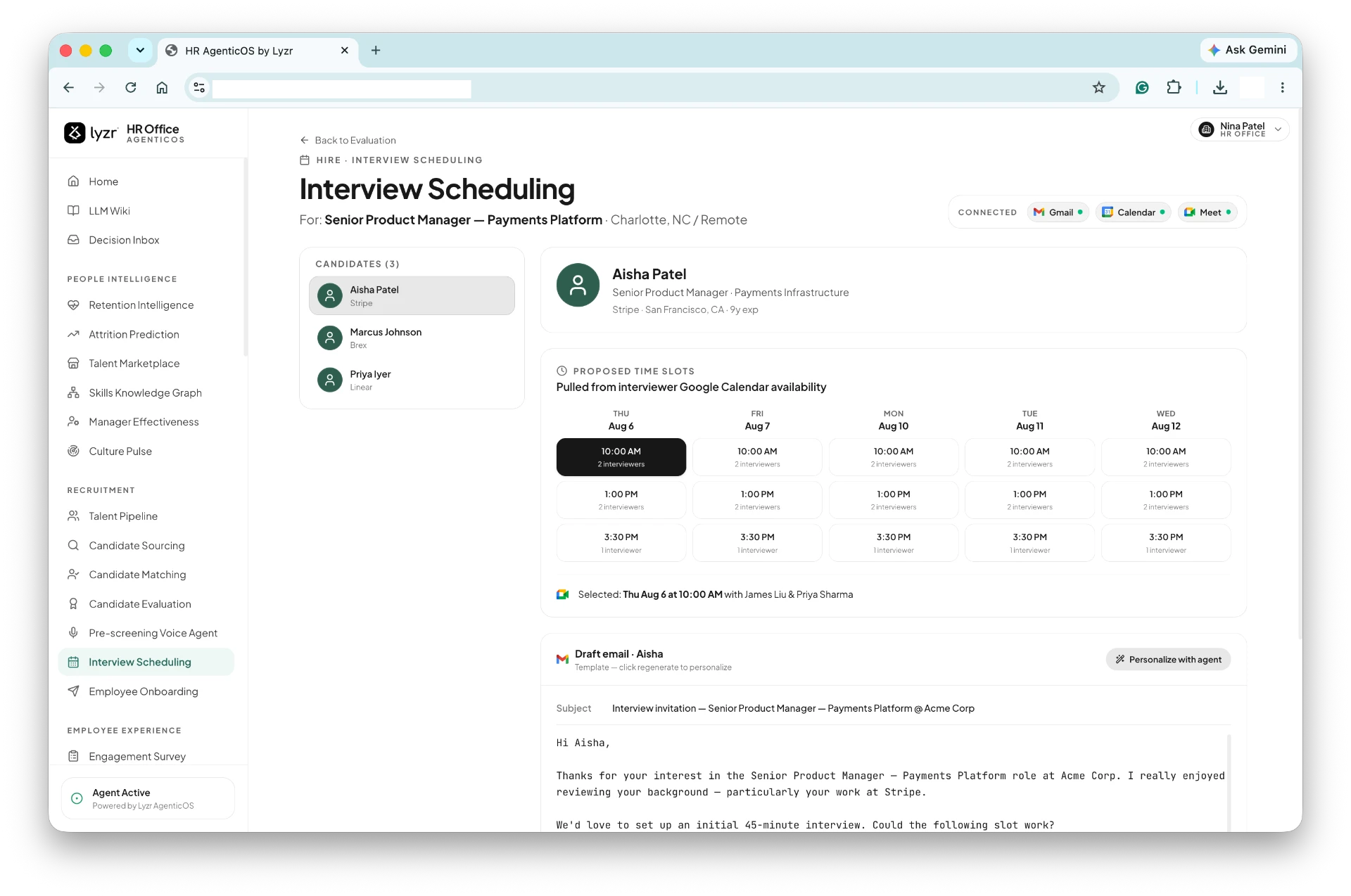 Interview Scheduling module screen in Lyzr's HR Agentic OS