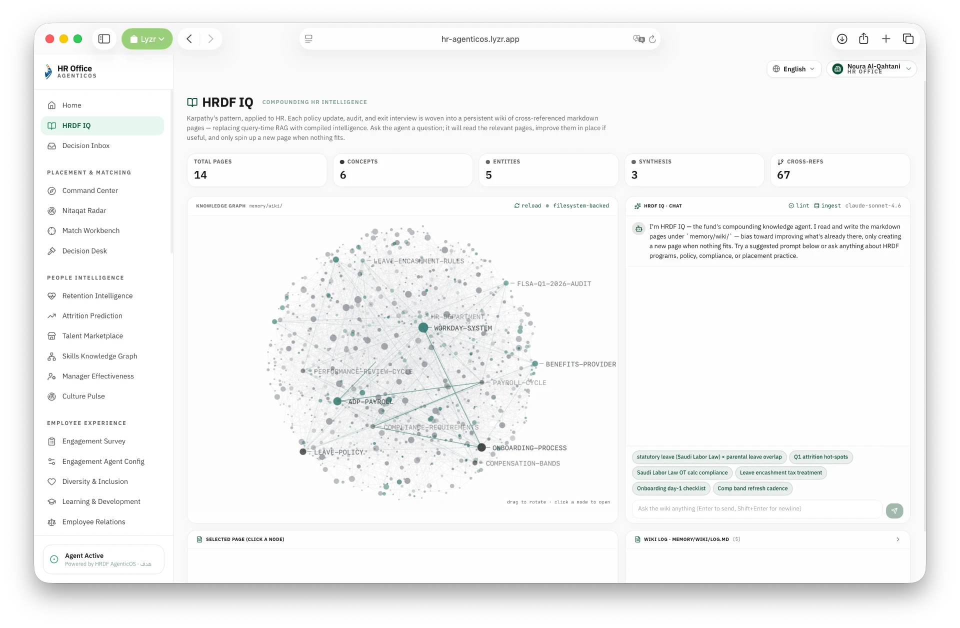 HRDF IQ · The Compounding Brain module screen in Lyzr's HR Agentic OS