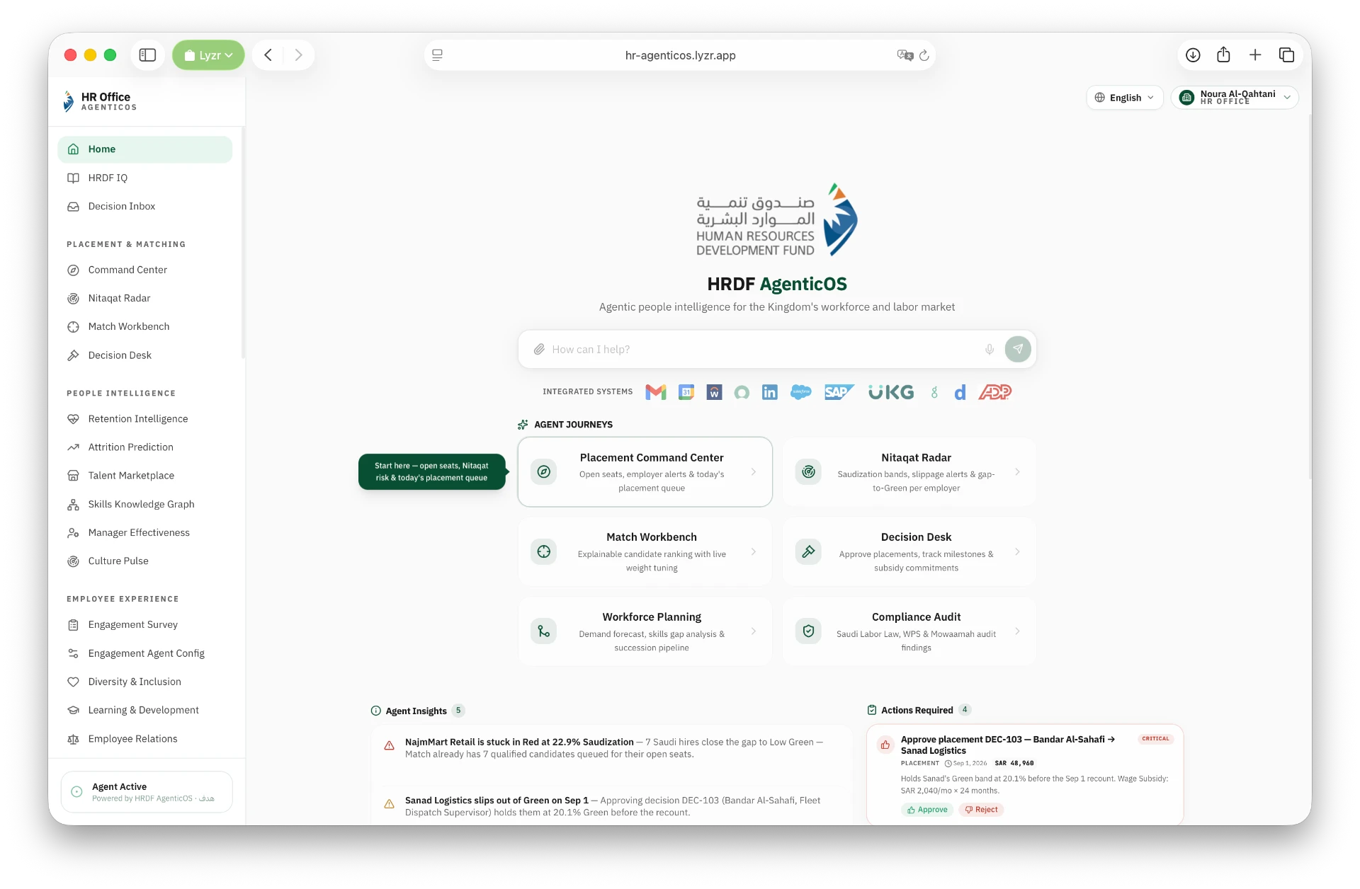 HRDF AgenticOS · Home module screen in Lyzr's HR Agentic OS