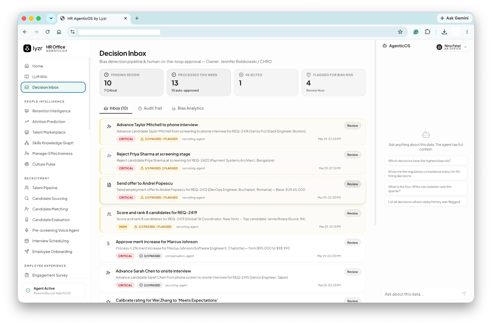 Decision Inbox module screen in Lyzr's HR Agentic OS