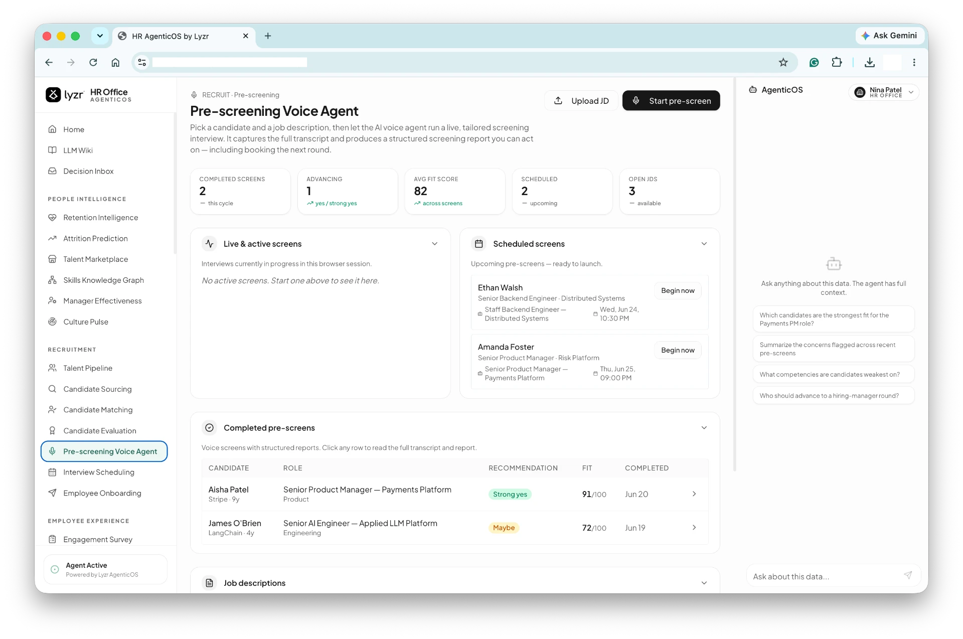 Pre-screening Voice Agent module screen in Lyzr's HR Agentic OS