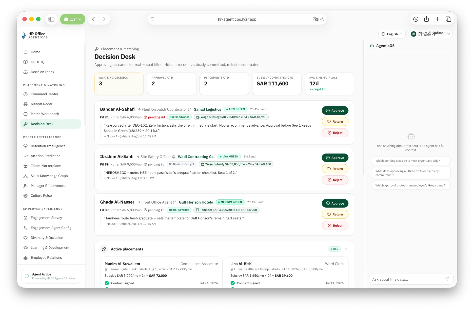 Decision Desk module screen in Lyzr's HR Agentic OS
