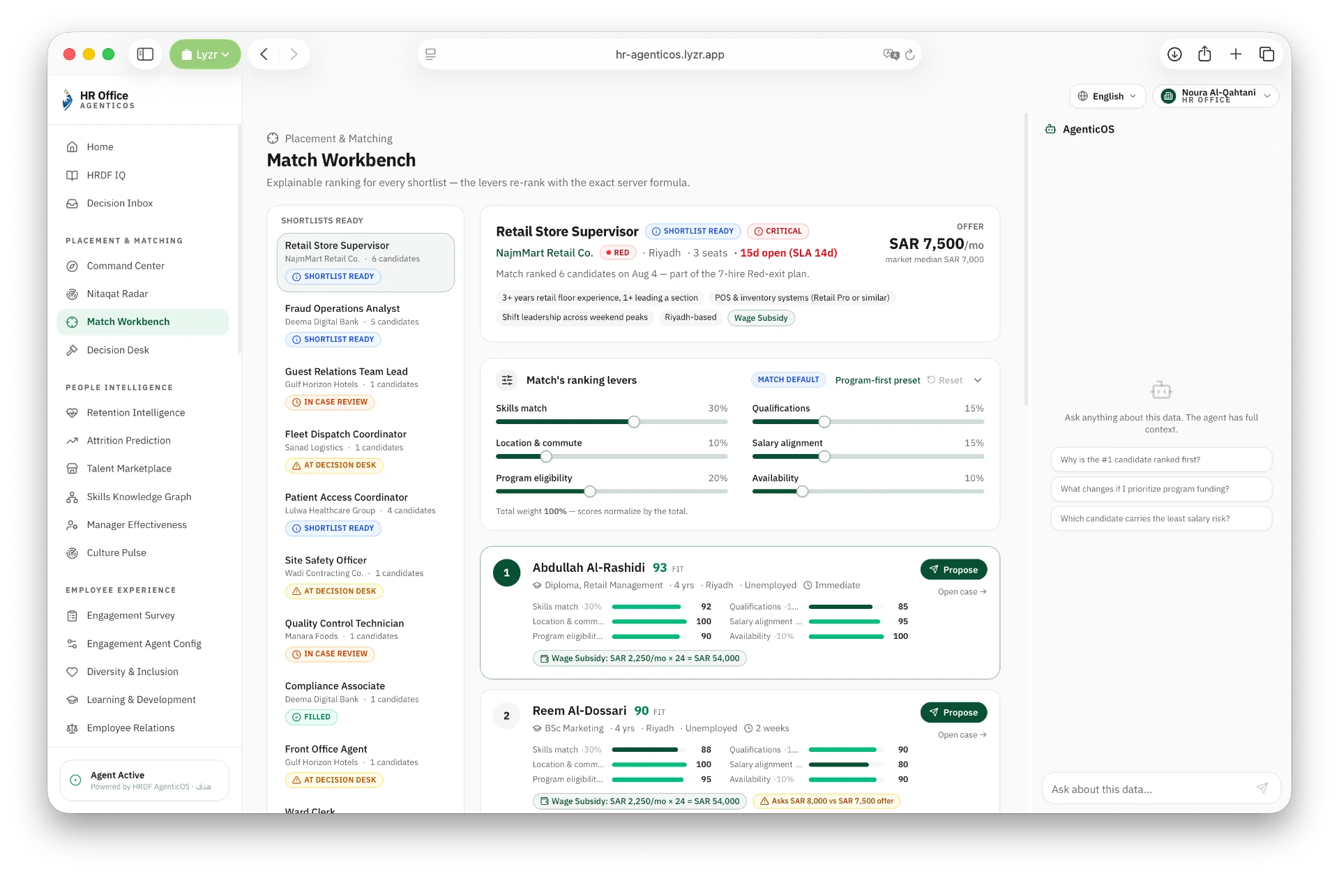 Match Workbench module screen in Lyzr's HR Agentic OS