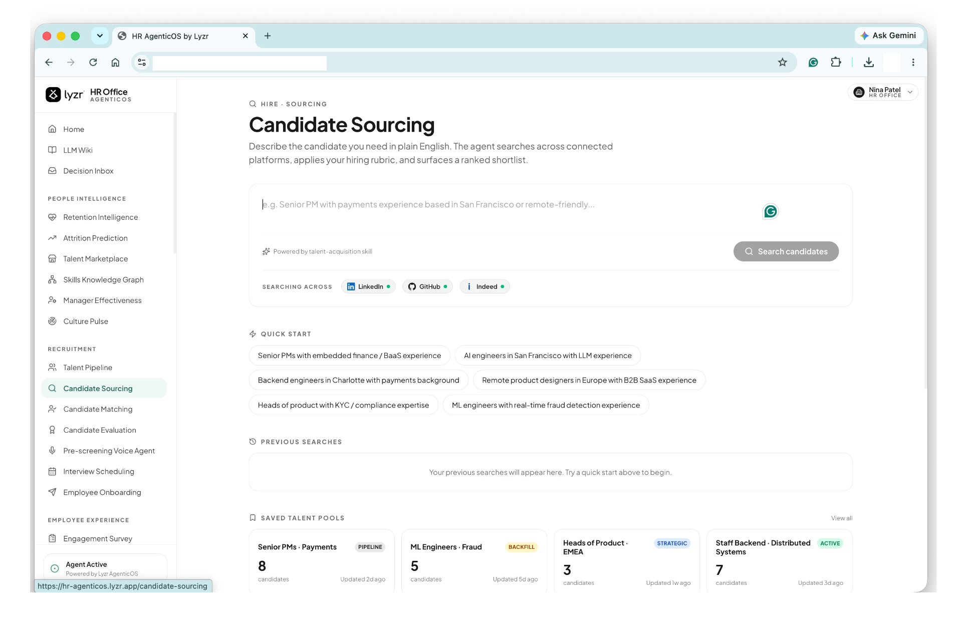 Candidate Sourcing module screen in Lyzr's HR Agentic OS